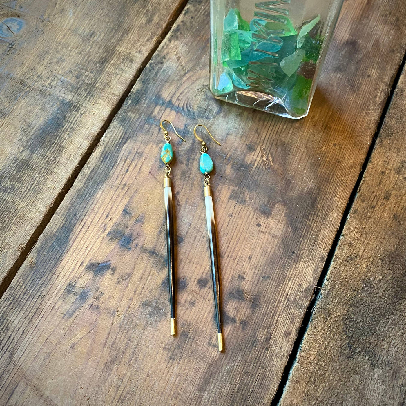 Porcupine Quill Turquoise and Brass Earrings