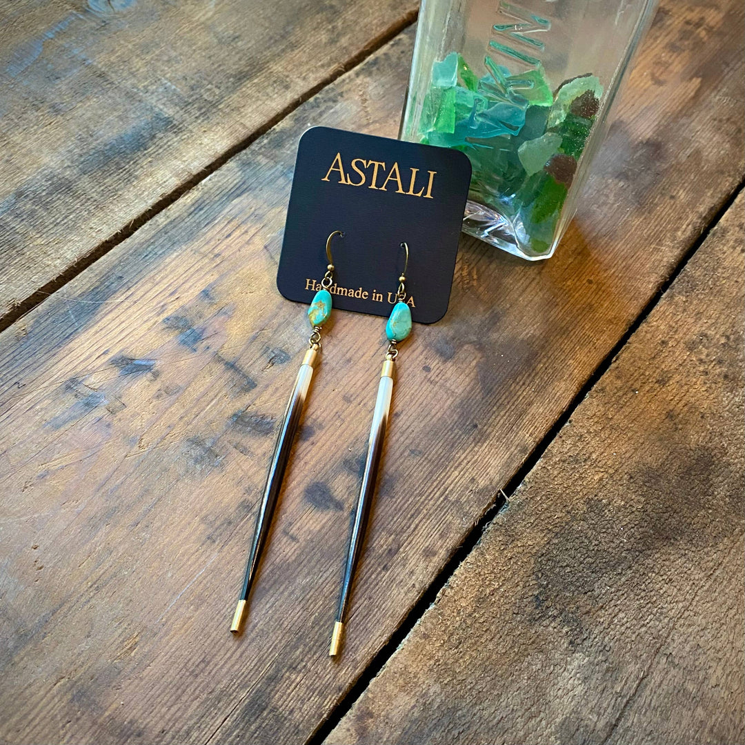 Porcupine Quill Turquoise and Brass Earrings