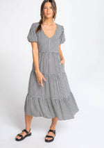 Load image into Gallery viewer, Gingham Puff Sleeve Tiered Midi Dress
