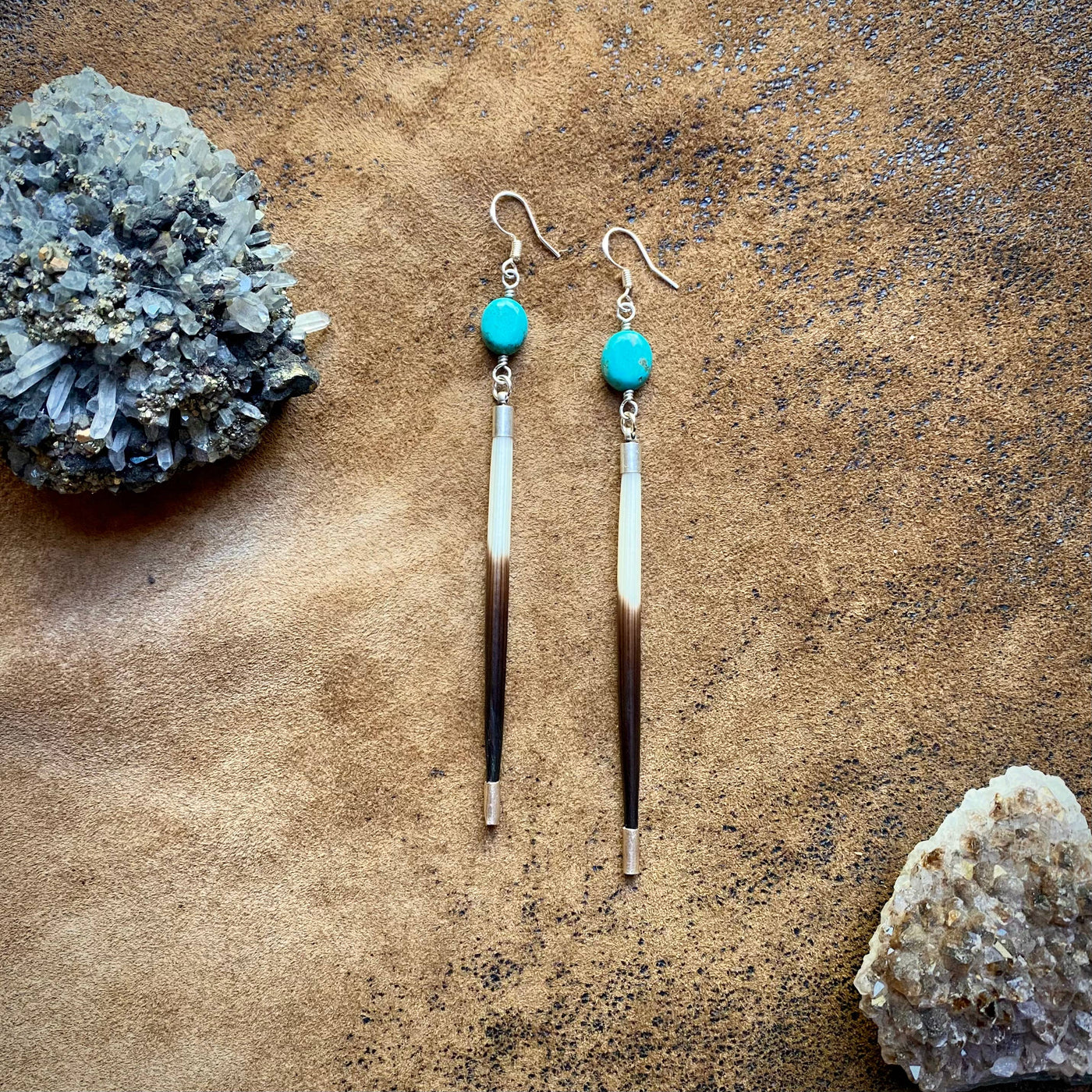 Porcupine Quill Silver Turquoise Earrings