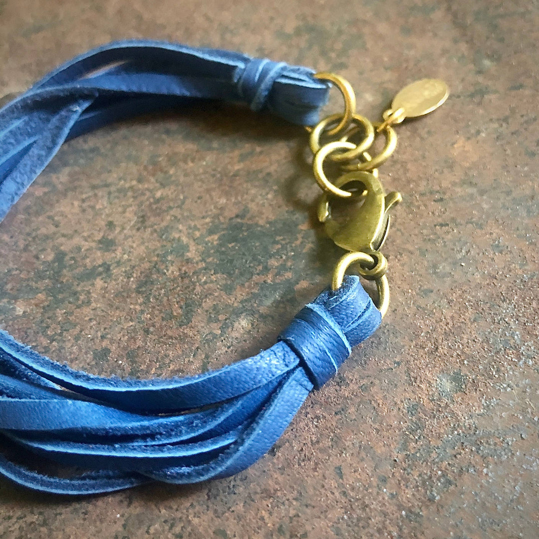 Leather 7-Strand Bracelet - Blue & Brass, Boho Western