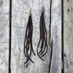 Load image into Gallery viewer, Leather Tassel Earrings - Chocolate Brown, Long Boho Western
