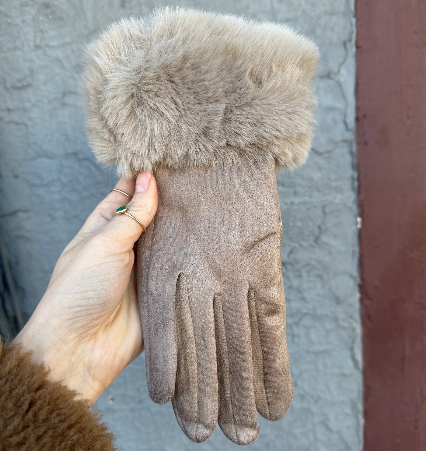 Faux Fur Trim Glove Khaki