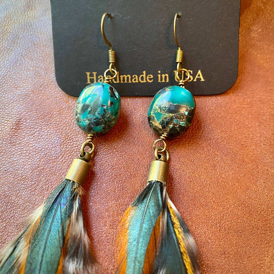 Turquoise & Feather Earrings - Cree Mix