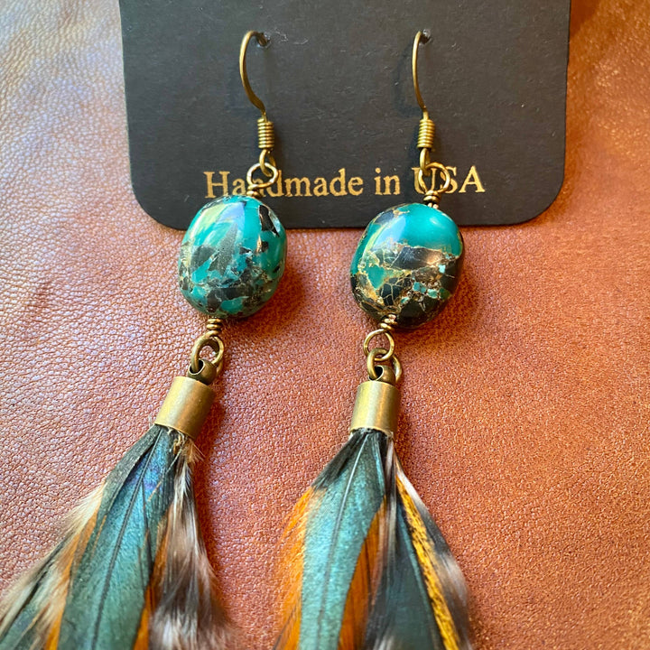 Turquoise & Feather Earrings - Cree Mix