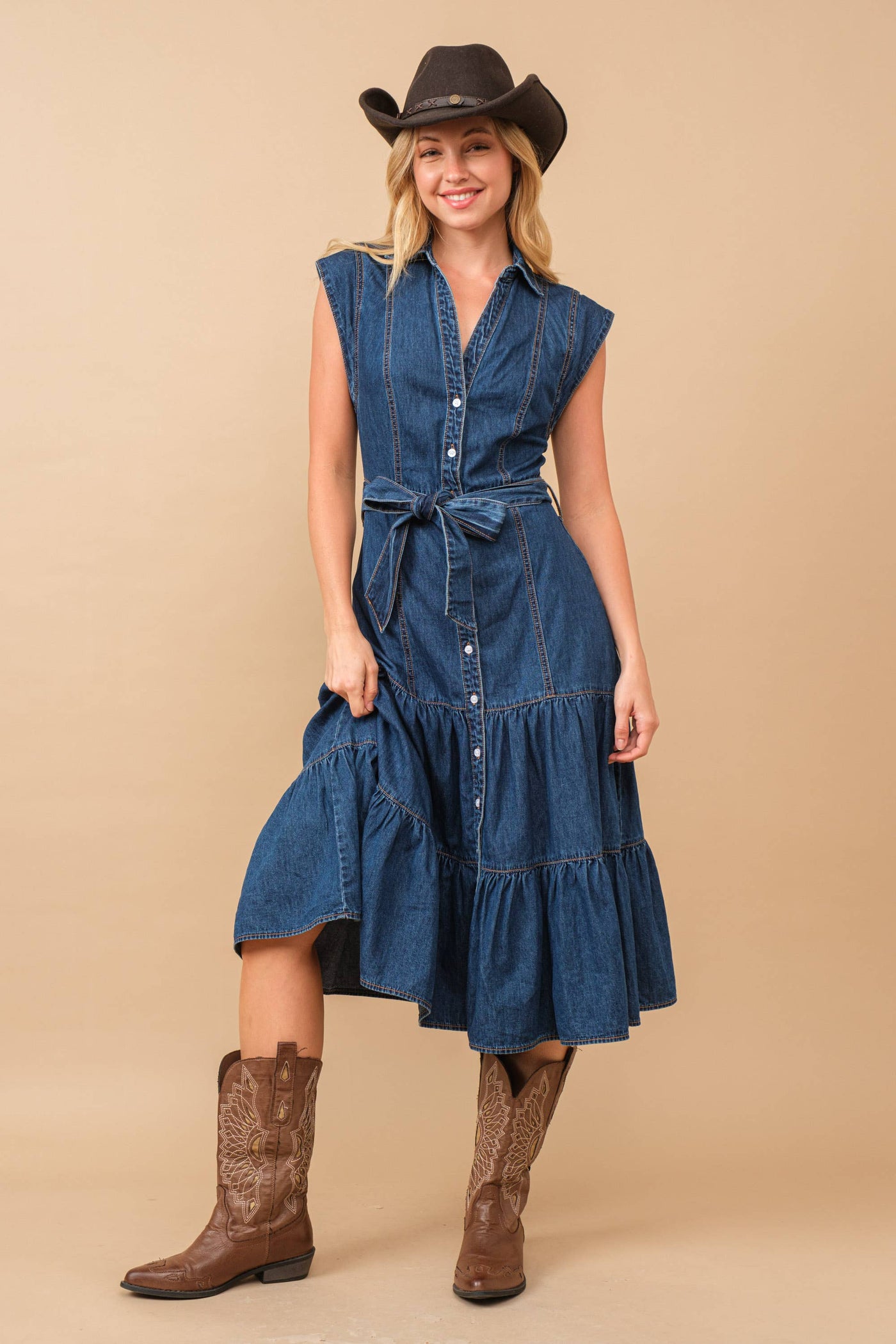 Belted Denim Midi