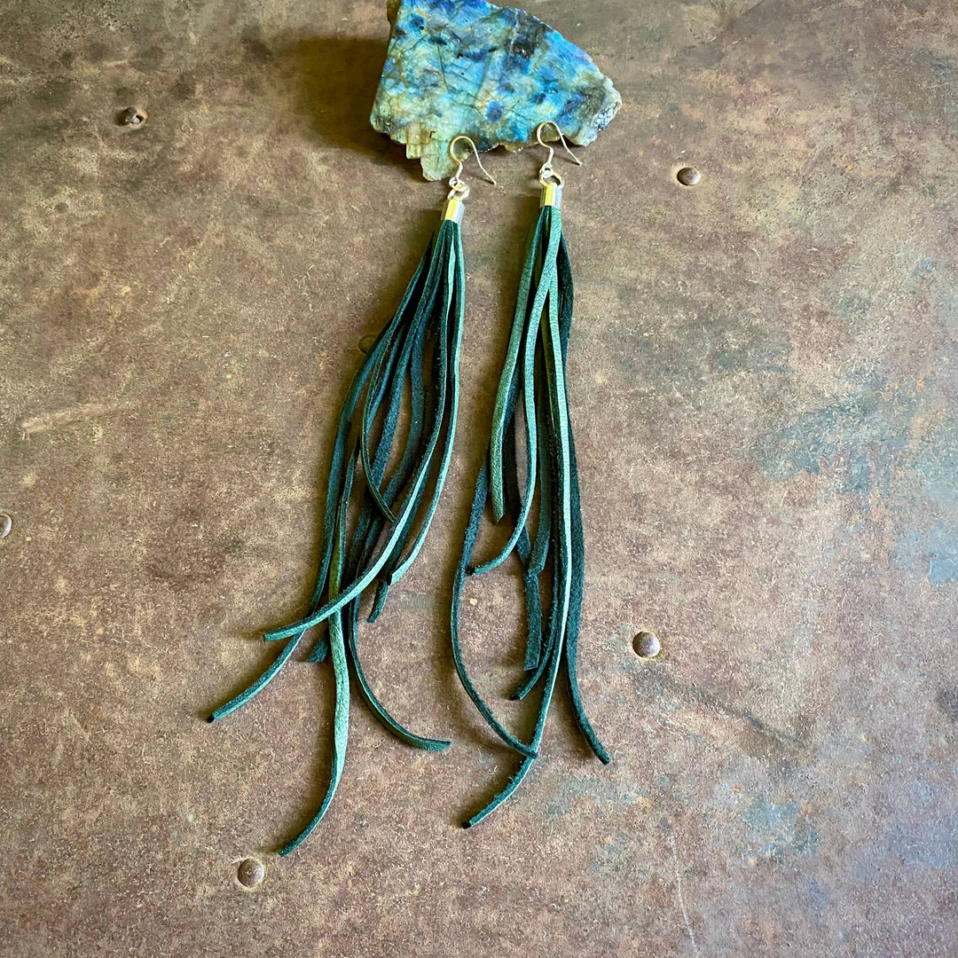 Leather Tassel Earrings - Hunter Green & Silver, Western
