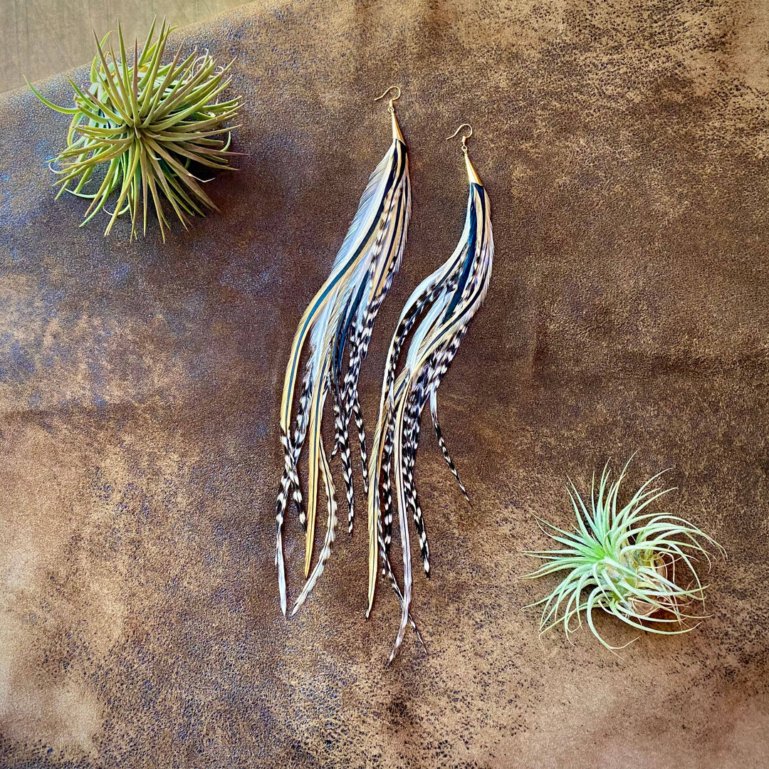 Cone Feather Earrings - Golden Black & Grizzly