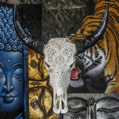 Hand Carved Buffalo Skull - Flower