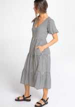 Load image into Gallery viewer, Gingham Puff Sleeve Tiered Midi Dress
