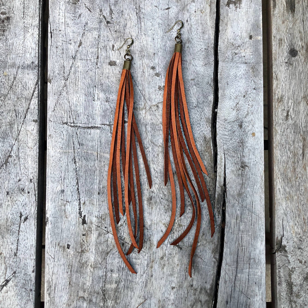 Leather Tassel Earrings - Rust, Long Boho Western Earrings
