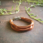 Leather 7-Strand Bracelet - Rust & Silver, Boho Western