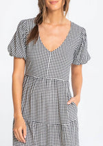 Load image into Gallery viewer, Gingham Puff Sleeve Tiered Midi Dress
