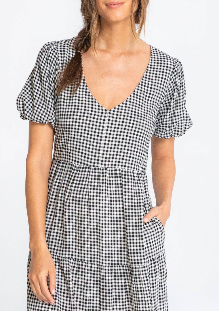 Gingham Puff Sleeve Tiered Midi Dress