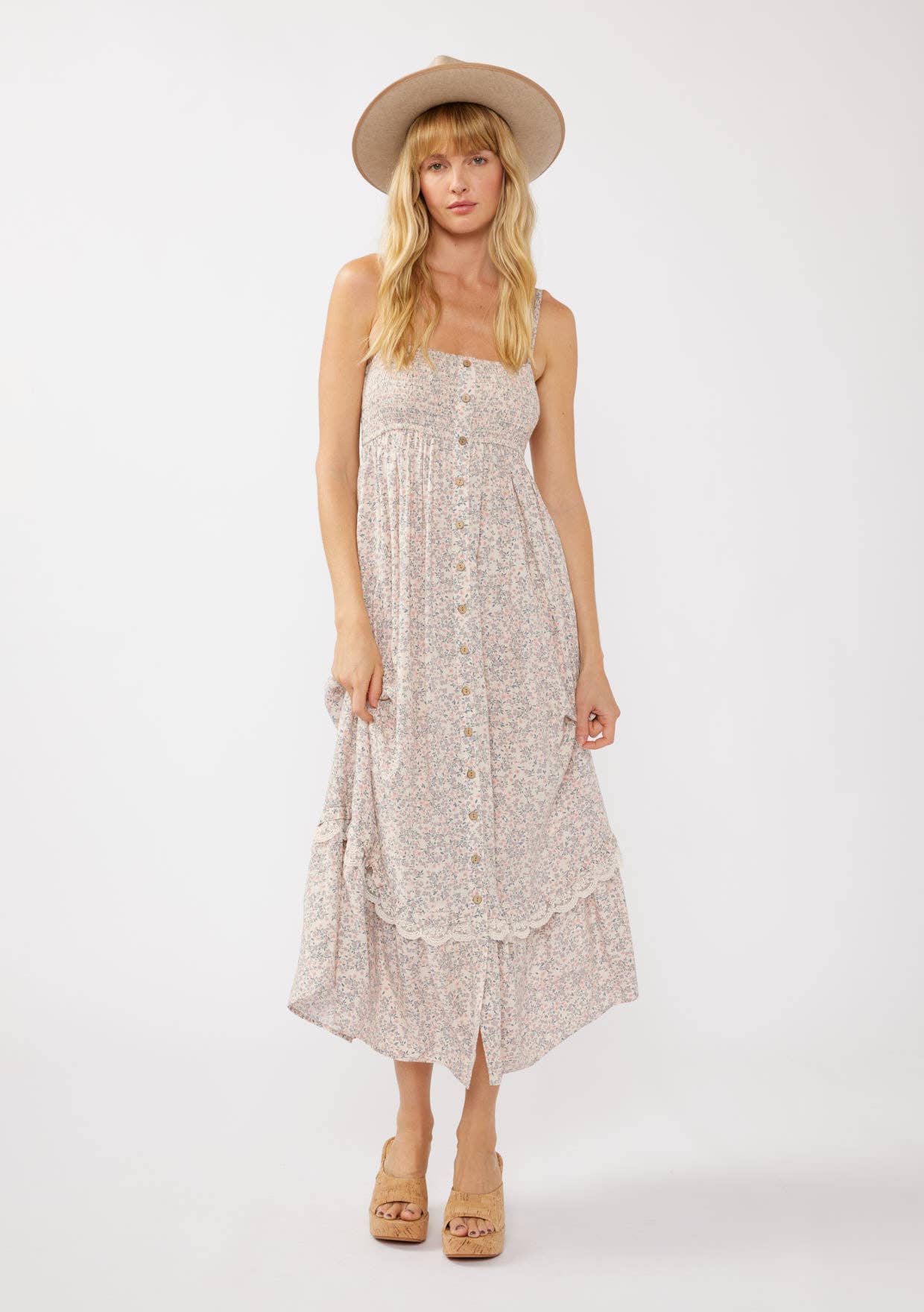 Spaghetti Strap Smocked Bust Button-Down Maxi Dress