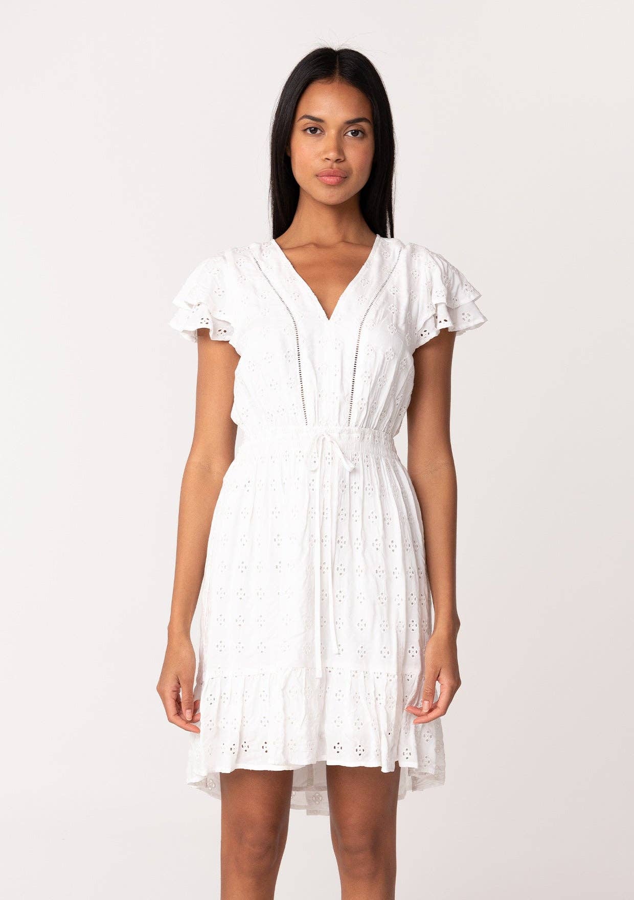 Eyelet Ruffle Sleeve Mini Dress