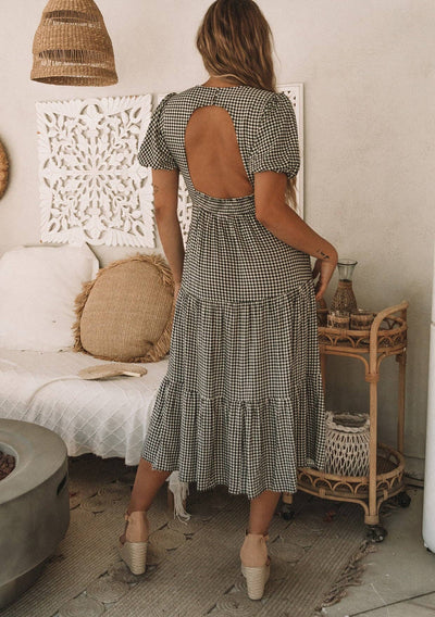 Gingham Puff Sleeve Tiered Midi Dress