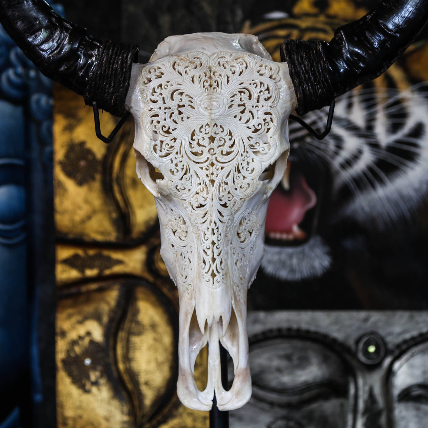 Hand Carved Buffalo Skull - Flower