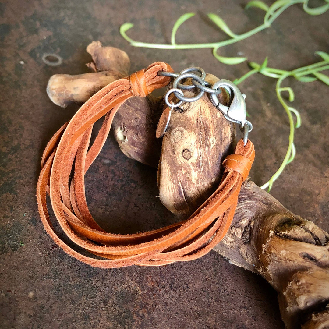 Leather 7-Strand Bracelet - Rust & Silver, Boho Western