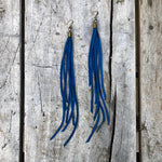 Load image into Gallery viewer, Leather Tassel Earrings - Cadet Blue, Long Boho Western
