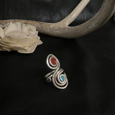 Silver Dual Spiral Turquoise & Coral Ring #11