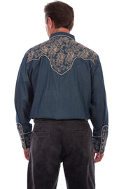 Denim Floral Embroidery Western Shirt