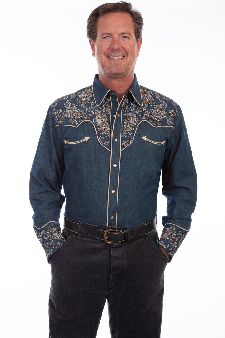 Denim Floral Embroidery Western Shirt