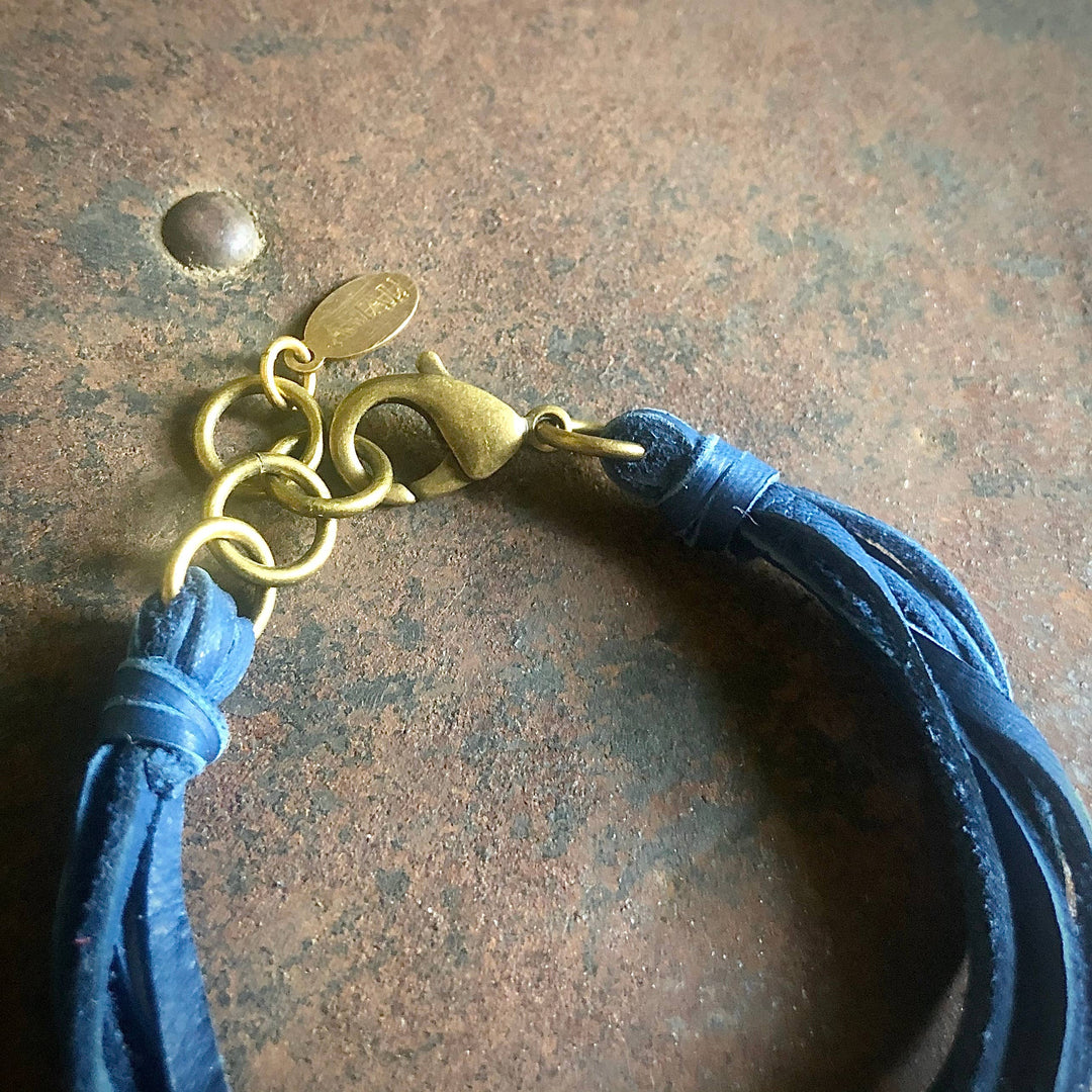Leather 7-Strand Bracelet - Blue & Brass, Boho Western