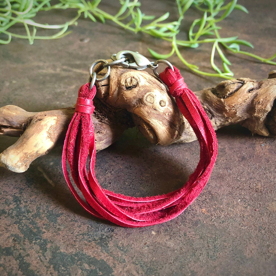 Leather 7-Strand Bracelet - Red & Silver, Boho Western Style