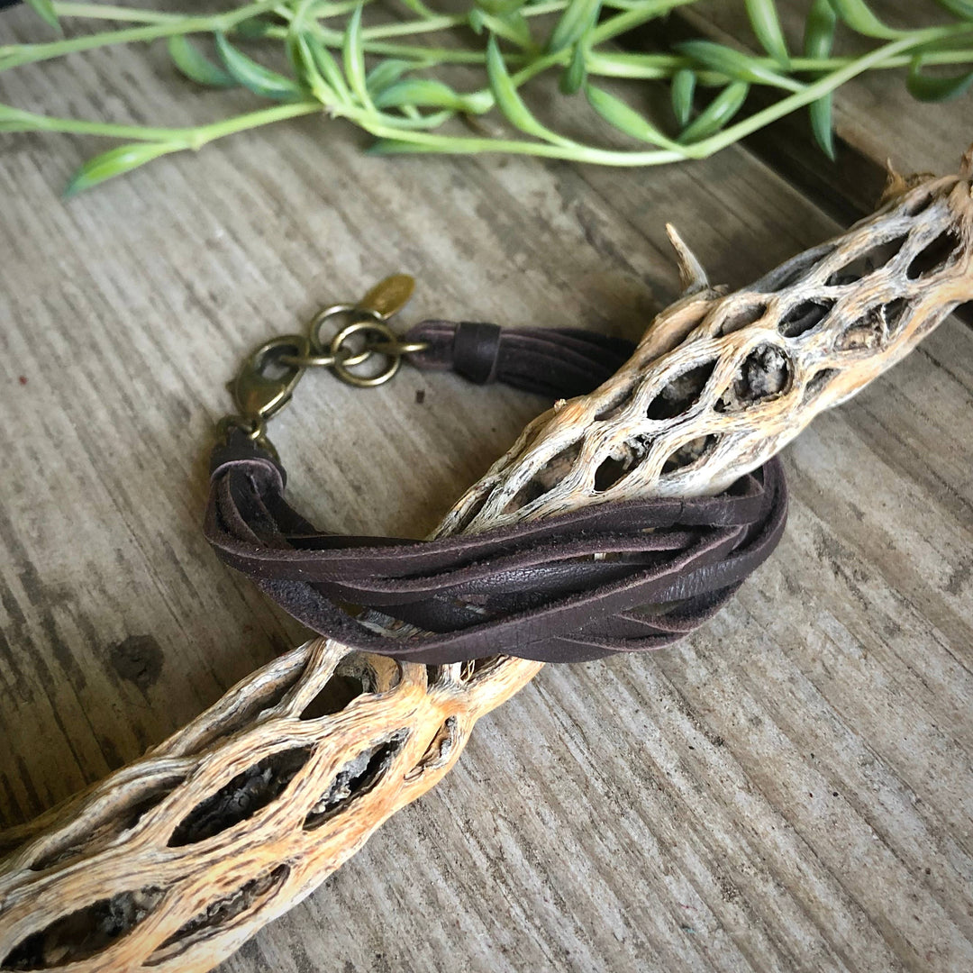 Leather 7-Strand Bracelet - Chocolate Brown & Brass, Boho