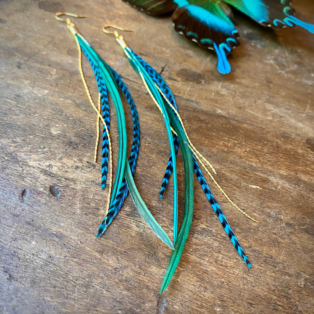 Mini Feather Earrings - Green & Turquoise Grizzly