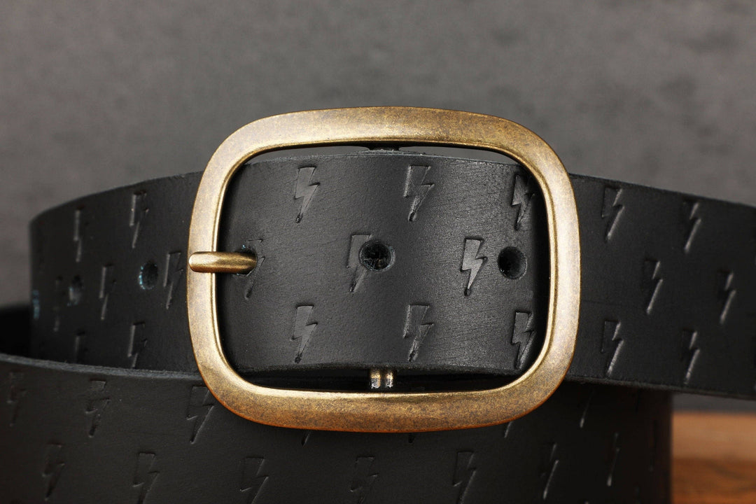 Black Leather Belt with Embossed Lightning Bolts