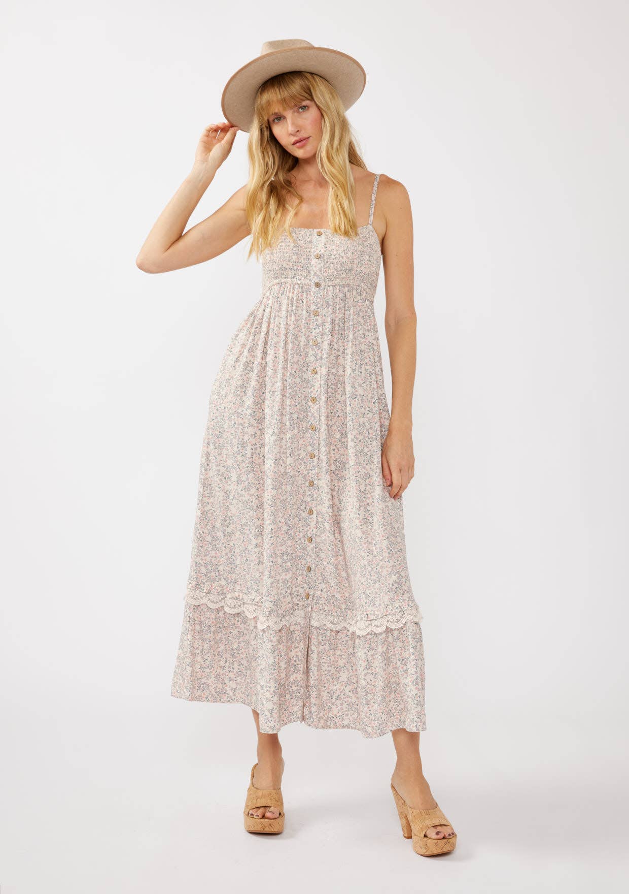 Spaghetti Strap Smocked Bust Button-Down Maxi Dress