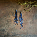 Load image into Gallery viewer, Leather Tassel Earrings - Cadet Blue, Long Boho Western
