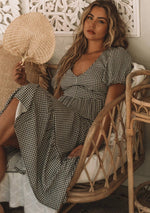 Load image into Gallery viewer, Gingham Puff Sleeve Tiered Midi Dress
