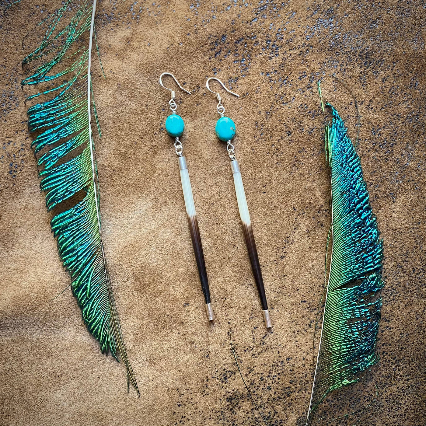 Porcupine Quill Silver Turquoise Earrings