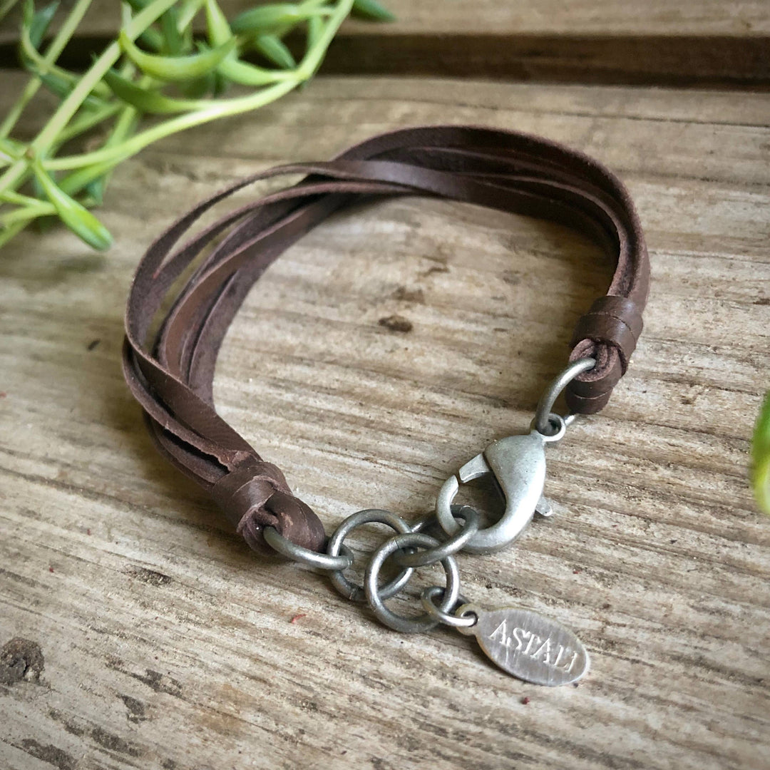 Leather 7-Strand Bracelet - Chocolate Brown & Silver, Boho