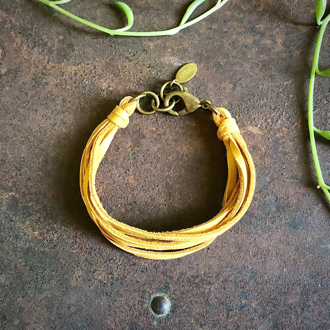 Leather 7-Strand Bracelet - Gold & Brass, Boho Western Style