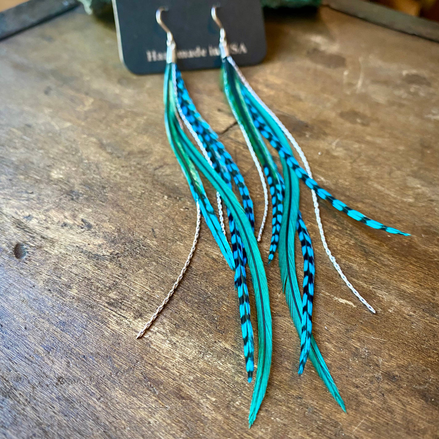 Mini Feather Earrings - Turquoise Grizzly & Silver