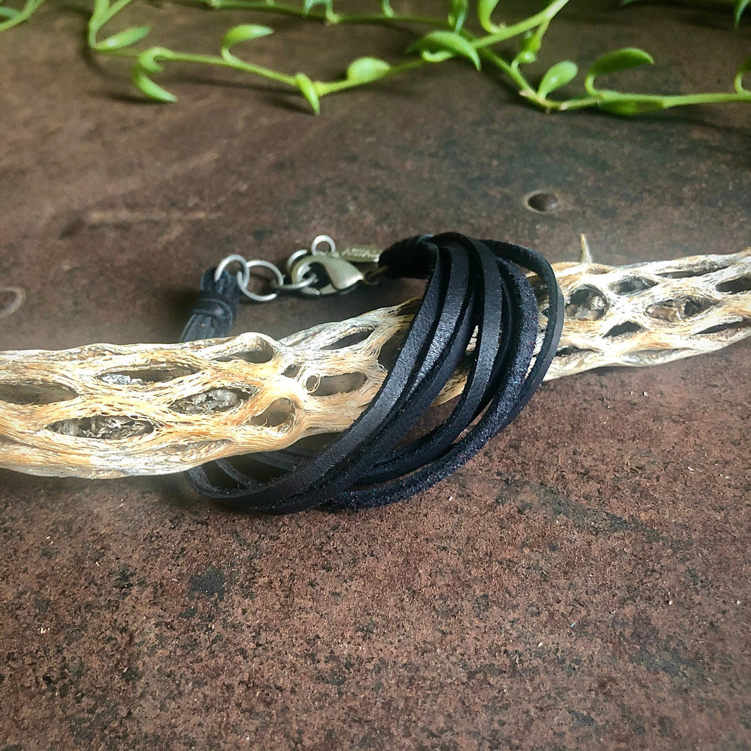 Leather 7-Strand Bracelet - Black & Silver, Boho Western