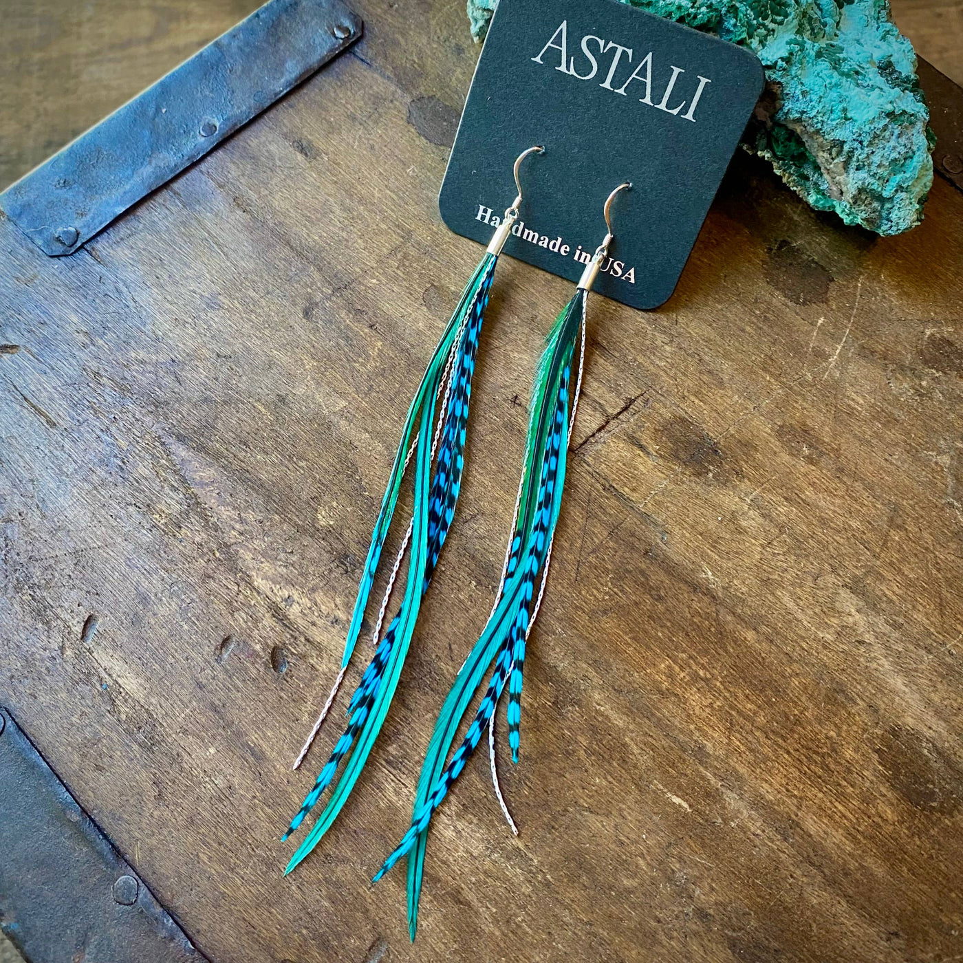 Mini Feather Earrings - Turquoise Grizzly & Silver