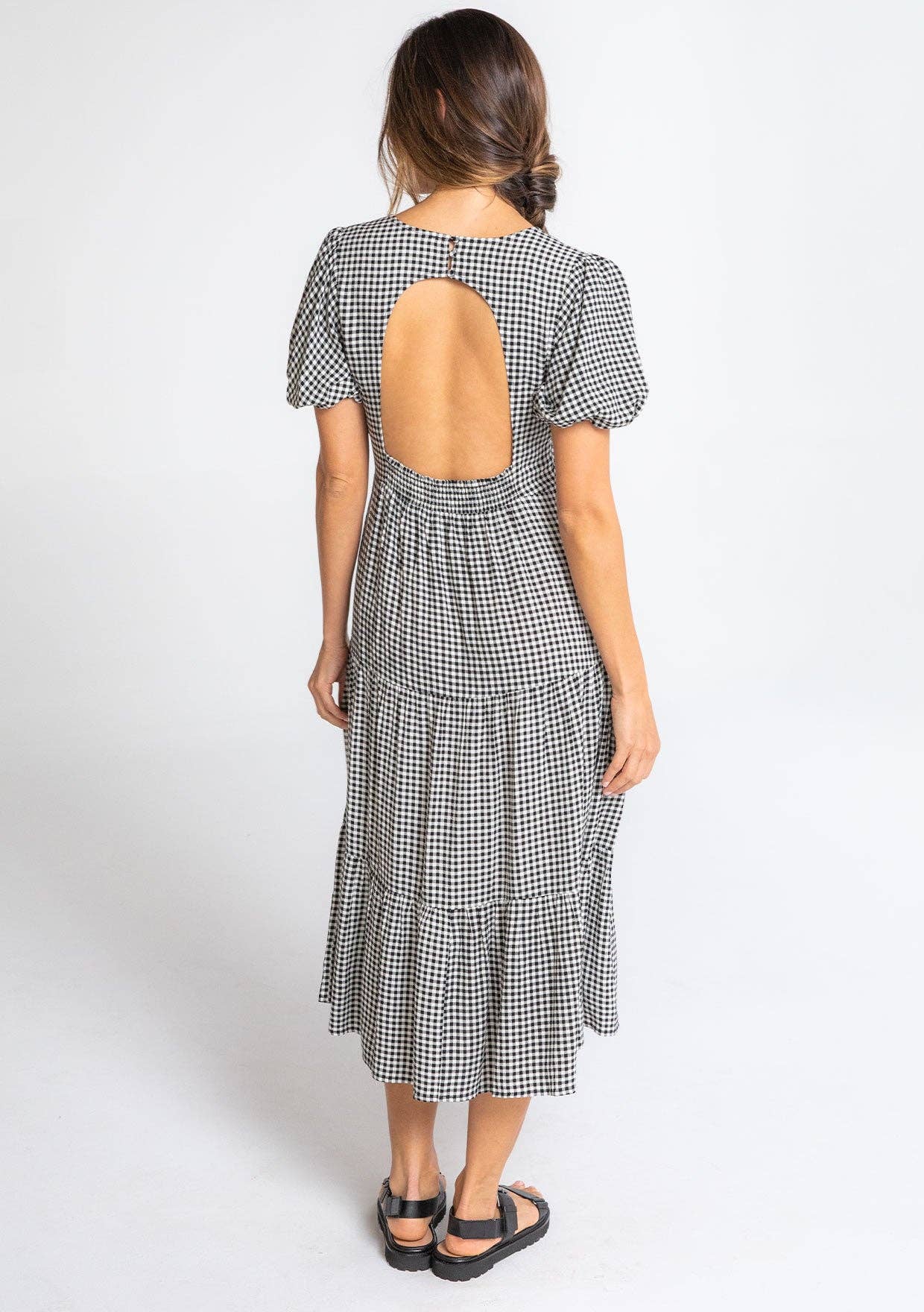 Gingham Puff Sleeve Tiered Midi Dress