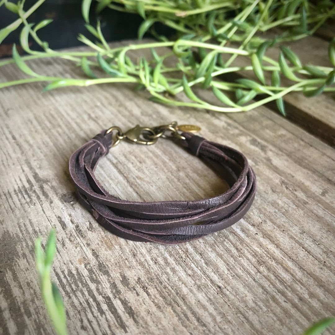 Leather 7-Strand Bracelet - Chocolate Brown & Brass, Boho