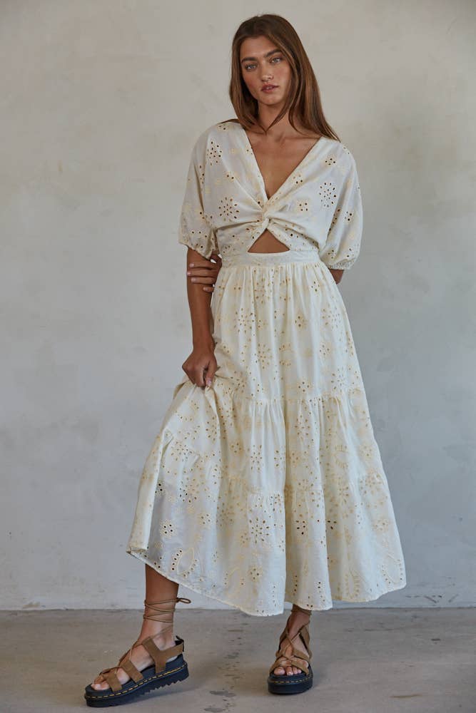 Cotton Embroidered Twist Midi Dress