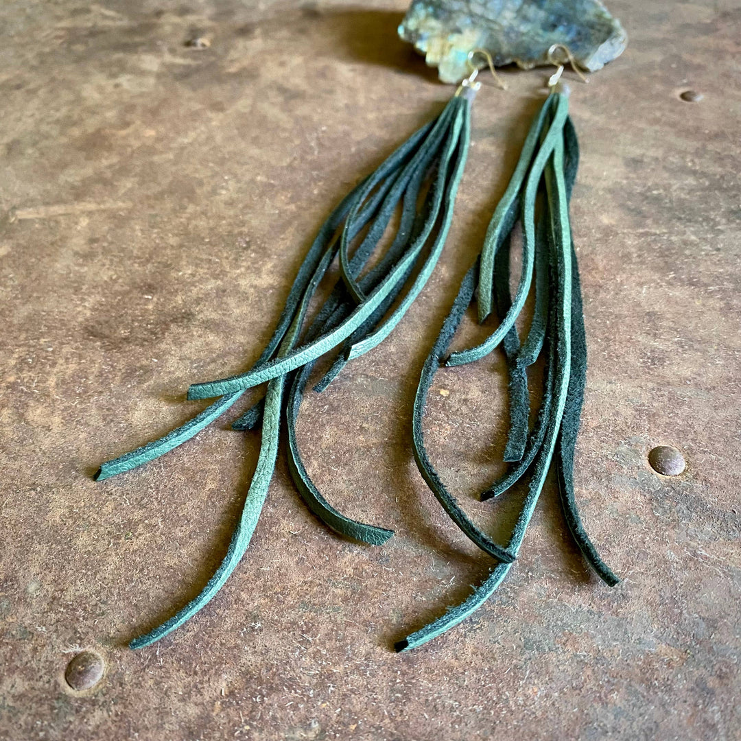 Leather Tassel Earrings - Hunter Green & Silver, Western