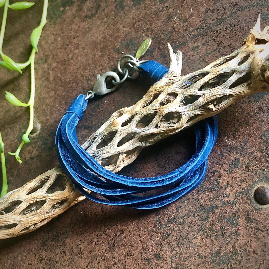 Leather 7-Strand Bracelet - Blue & Silver, Boho Western