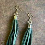 Load image into Gallery viewer, Leather Tassel Earrings - Hunter Green &amp; Silver, Western
