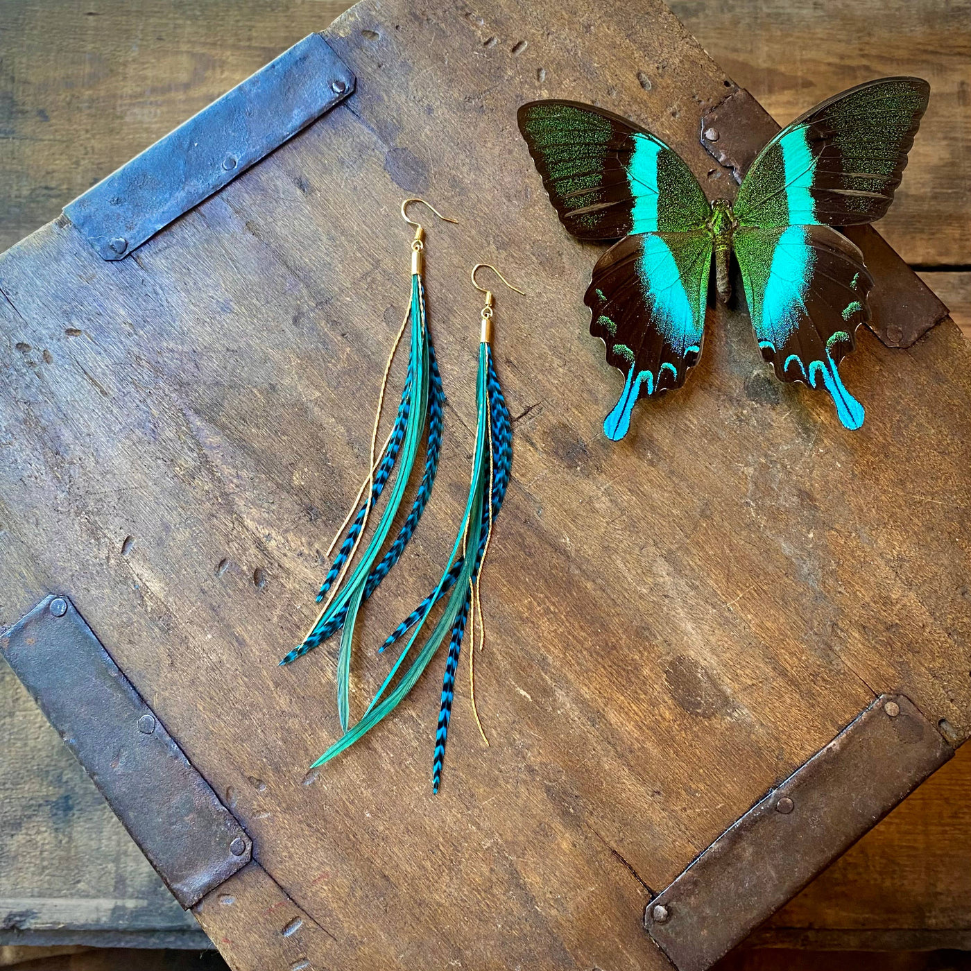 Mini Feather Earrings - Green & Turquoise Grizzly