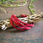 Leather 7-Strand Bracelet - Red & Brass, Boho Western Style