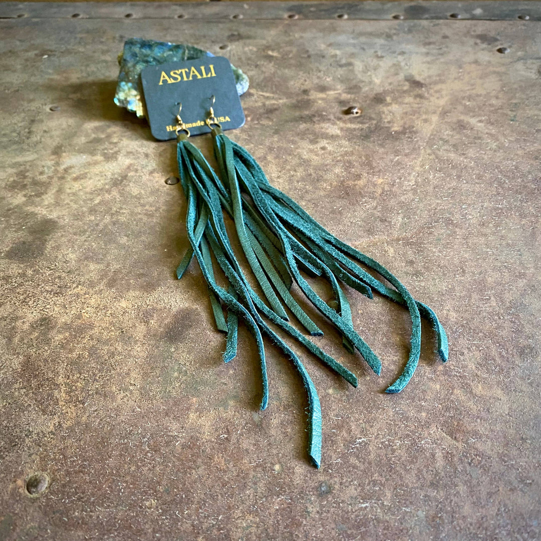 Leather Tassel Earrings - Hunter Green, Long Boho Western